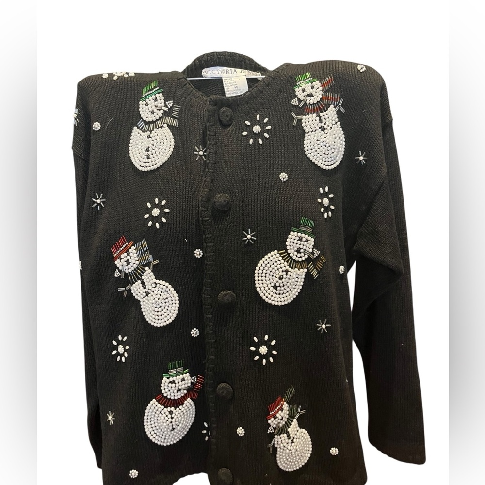 ❌sold❌Vintage Victoria Jones snowman pearl and beaded sweater - Picture 1 of 5